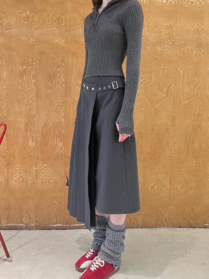 Asymmetric Pleated Skirt With Metal Studs