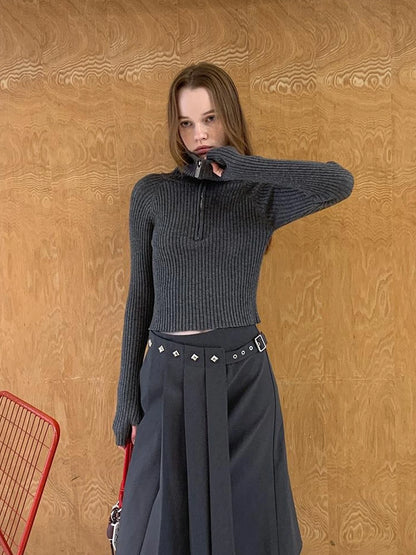 Asymmetric Pleated Skirt With Metal Studs