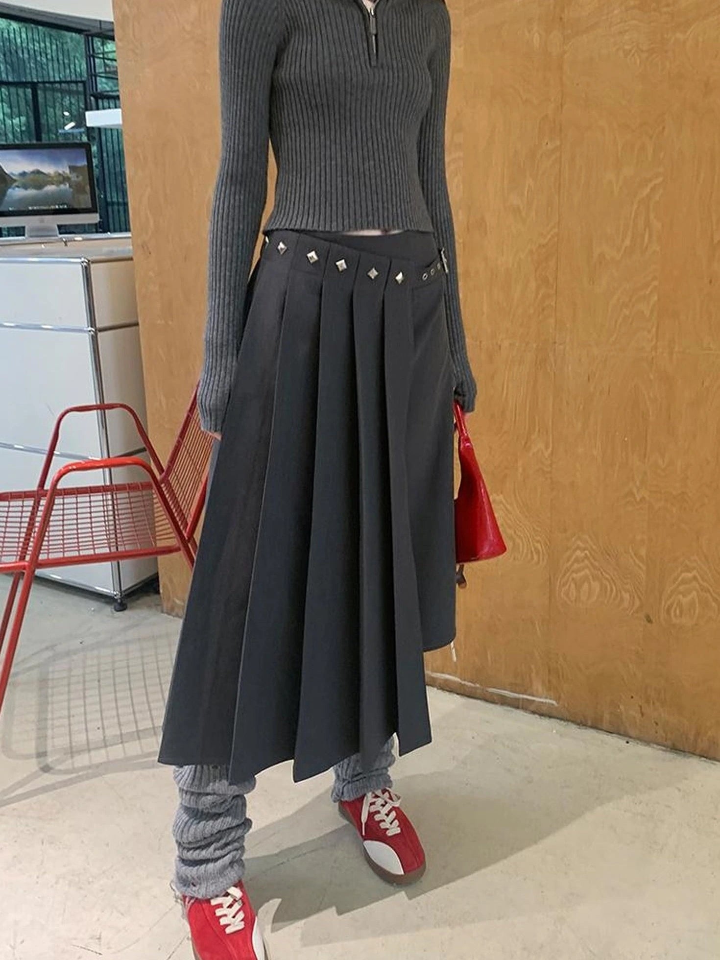 Asymmetric Pleated Skirt With Metal Studs