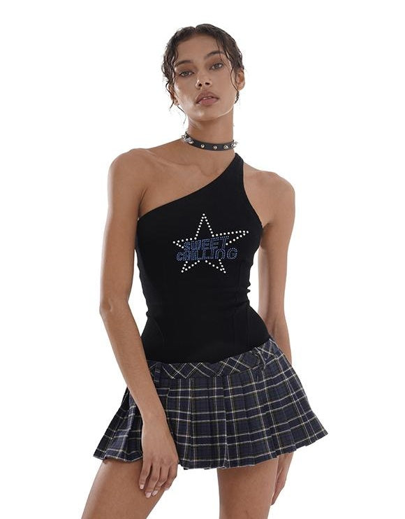 Asymmetric Star-Studded Plaid Pleated Dress