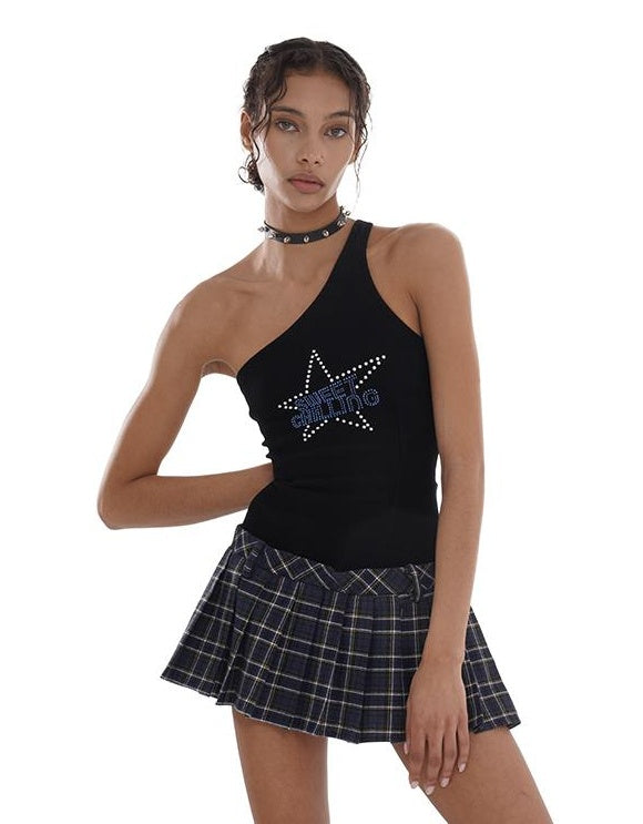 Asymmetric Star-Studded Plaid Pleated Dress