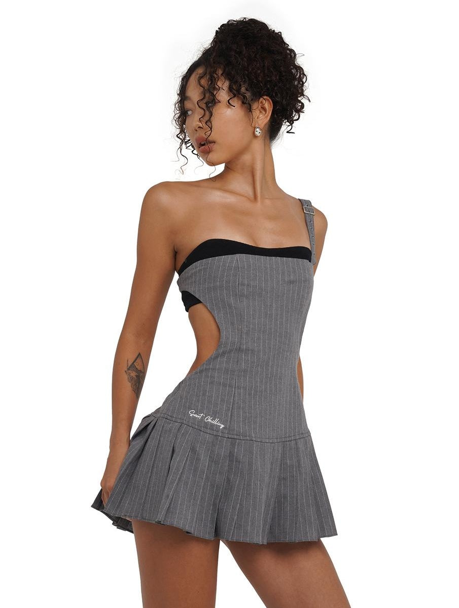 Asymmetric Strapless Striped Backless Ruffle Dress Set