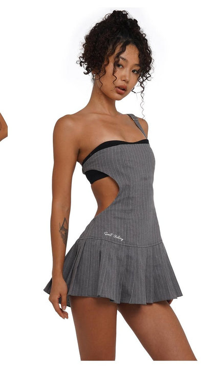 Asymmetric Strapless Striped Backless Ruffle Dress Set