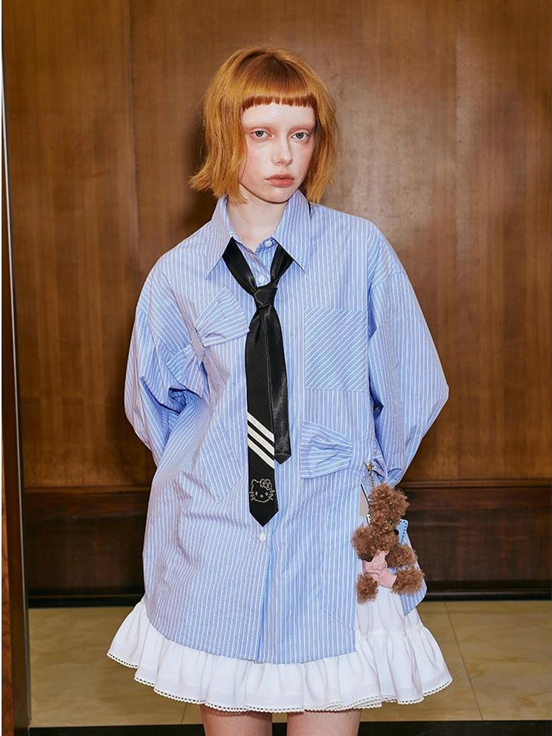 DIDDI MODA Asymmetrical Bow Split Blue Stripe Shirt