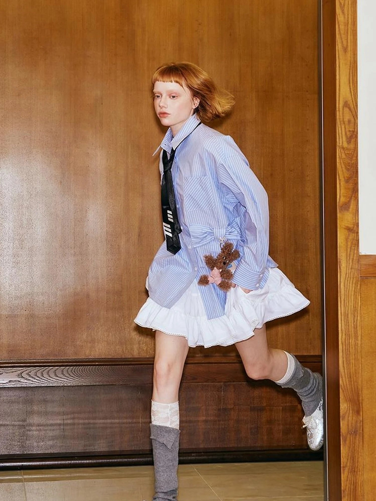 Asymmetrical Bow Split Blue Stripe Shirt