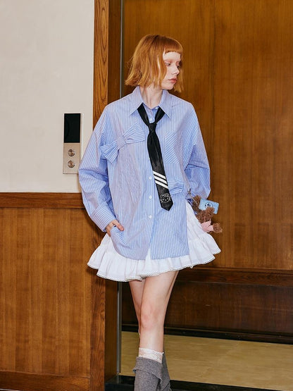 DIDDI MODA Asymmetrical Bow Split Blue Stripe Shirt