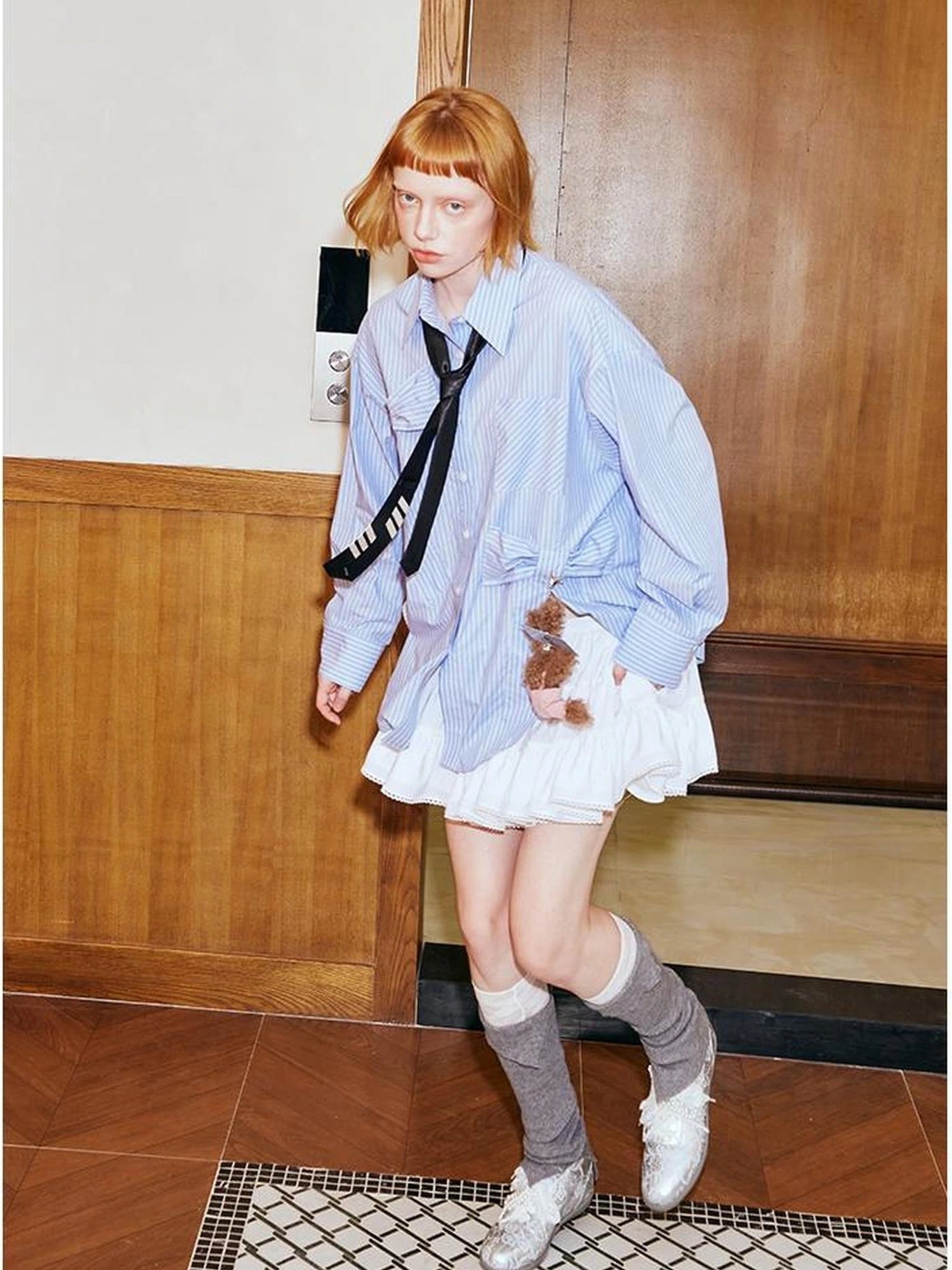 Asymmetrical Bow Split Blue Stripe Shirt