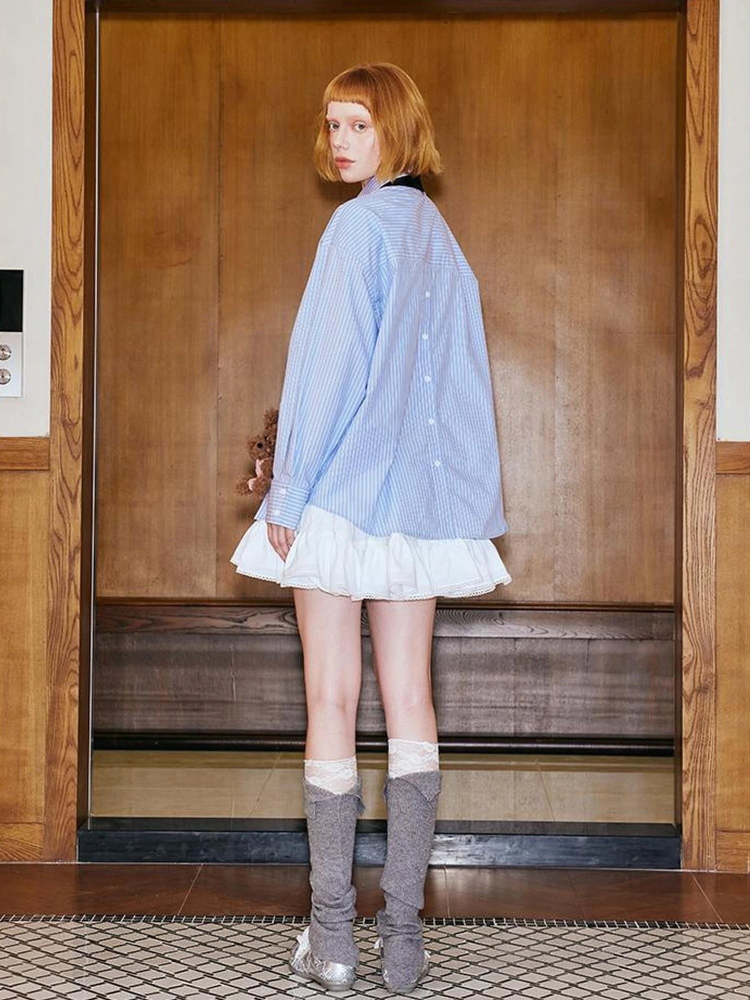 Asymmetrical Bow Split Blue Stripe Shirt