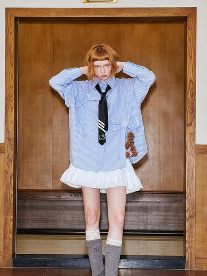 Asymmetrical Bow Split Blue Stripe Shirt