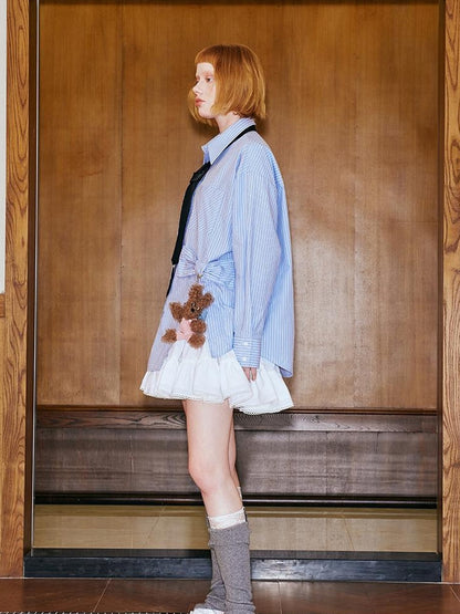 DIDDI MODA Asymmetrical Bow Split Blue Stripe Shirt