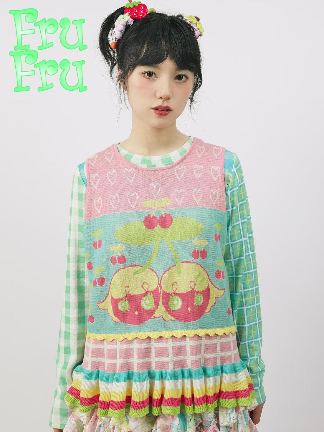 Frufru Gulu Autumn Contrast Fruit Girl Pink Green Knit Sweater Vest