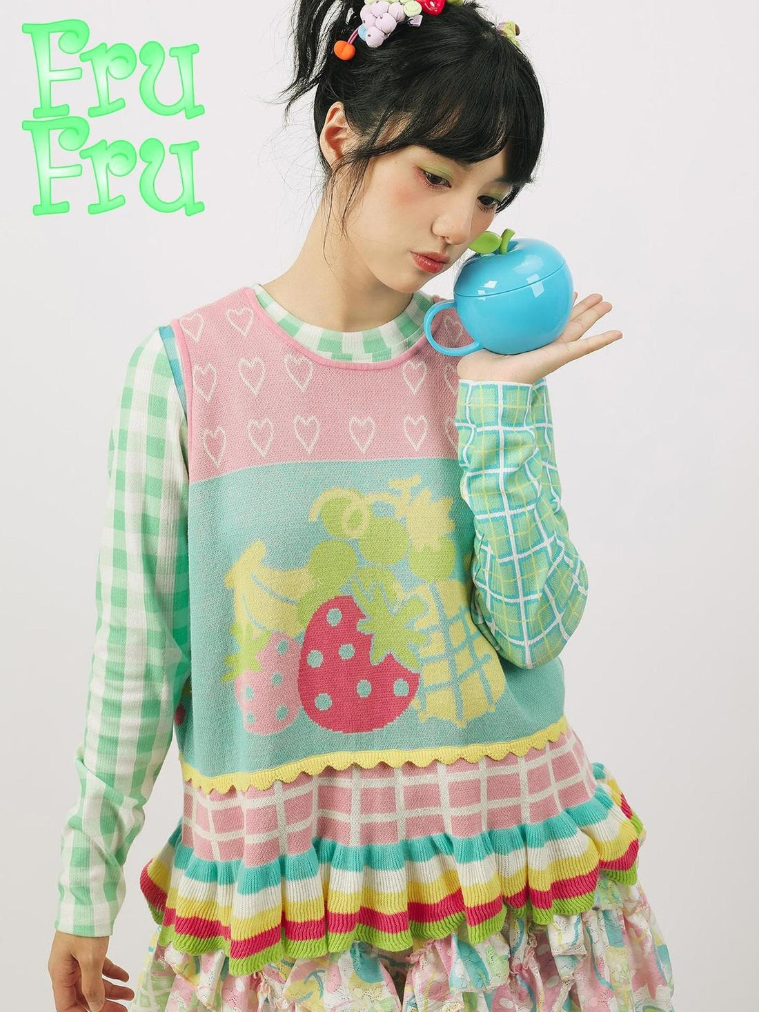 Frufru Gulu Autumn Contrast Fruit Girl Pink Green Knit Sweater Vest