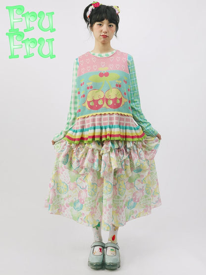 Frufru Gulu Autumn Contrast Fruit Girl Pink Green Knit Sweater Vest