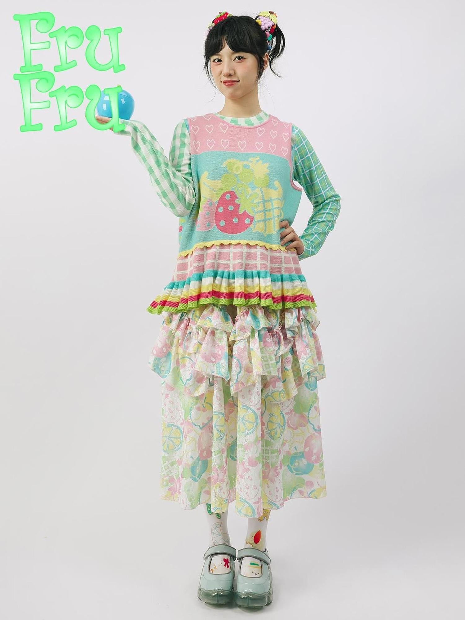 Frufru Gulu Autumn Contrast Fruit Girl Pink Green Knit Sweater Vest