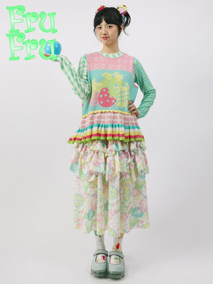 Frufru Gulu Autumn Contrast Fruit Girl Pink Green Knit Sweater Vest