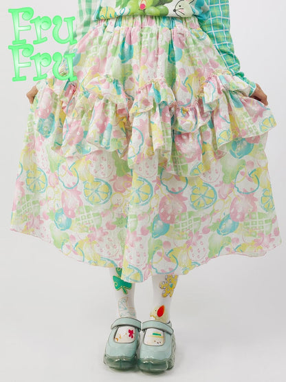 Frufru Gulu Autumn Fruit Print A Line Lace Skirt For Women