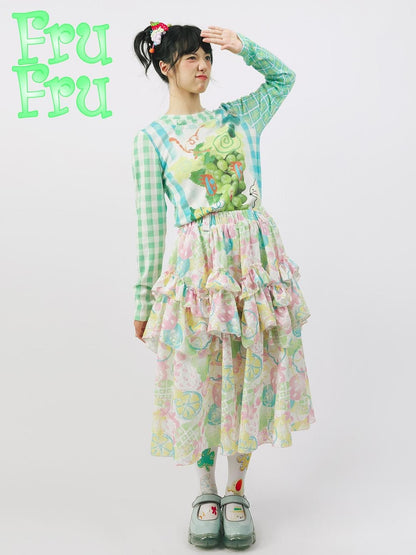 Frufru Gulu Autumn Fruit Print A Line Lace Skirt For Women