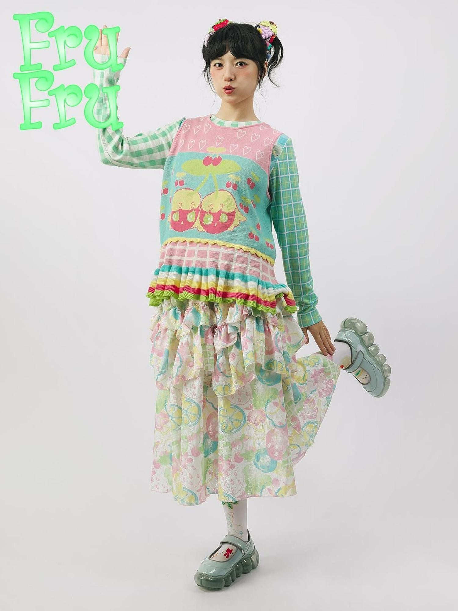 Frufru Gulu Autumn Fruit Print A Line Lace Skirt For Women