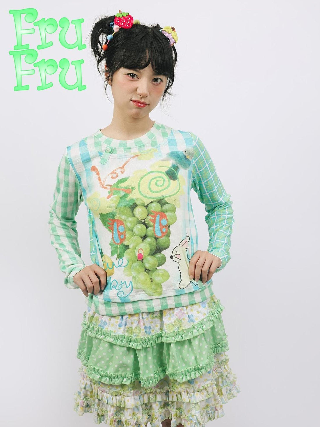 Frufru Gulu Autumn Green Plaid Grape Print Cute Long Sleeve T Shirt
