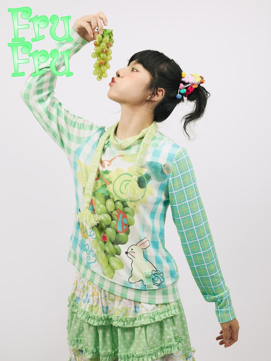 Frufru Gulu Autumn Green Plaid Grape Print Cute Long Sleeve T Shirt