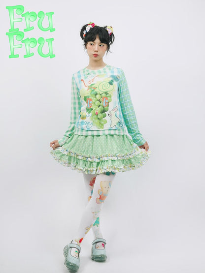 Frufru Gulu Autumn Green Plaid Grape Print Cute Long Sleeve T Shirt