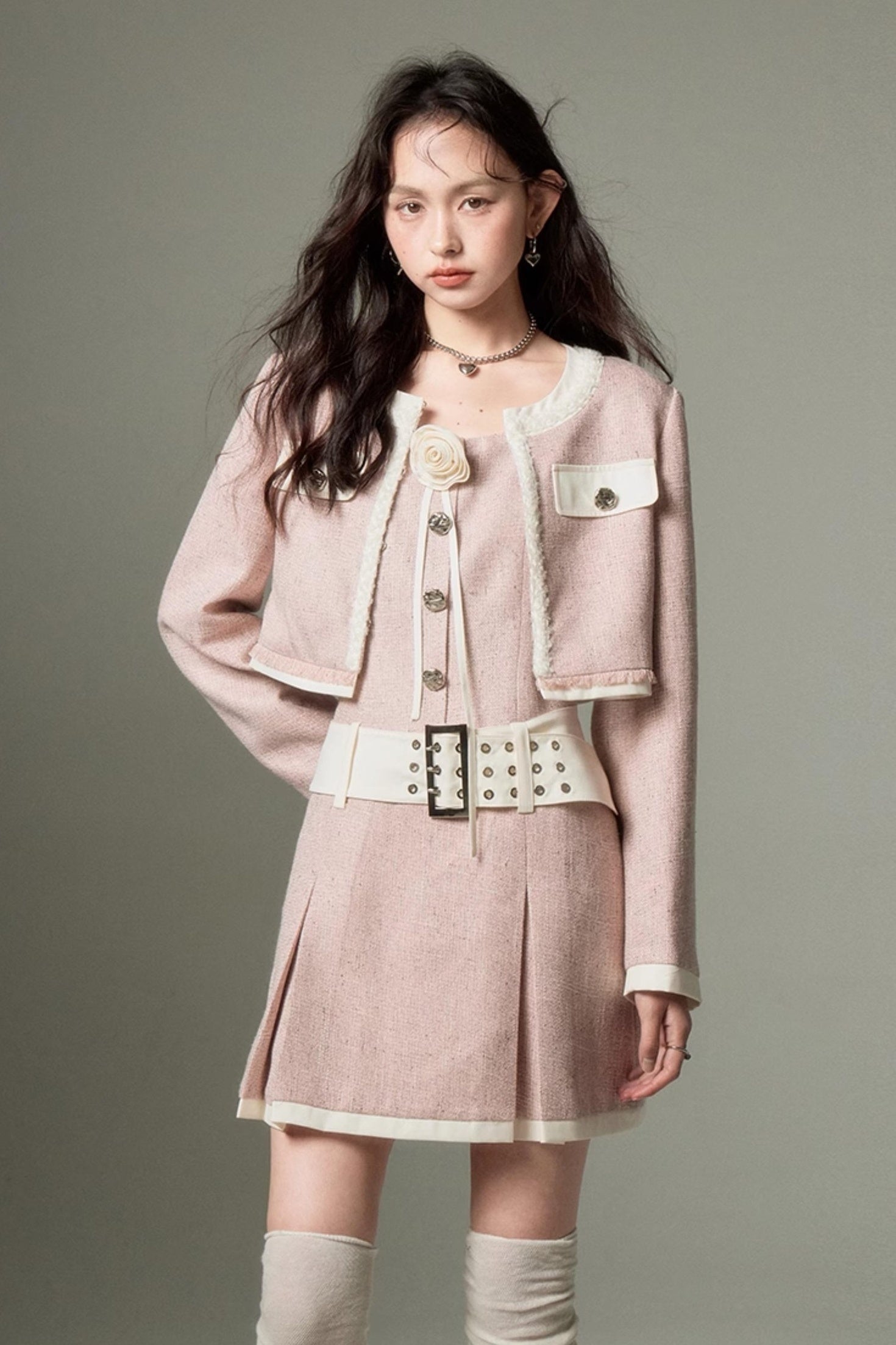 DIDDI MODA Autumn Rose Embroidered Tweed Coat Dress Set