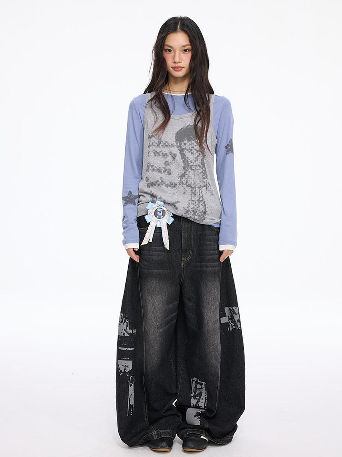 MOMSYCAN FOX LINE Autumn Star Girl Printed Layered Sleeveless Top Tencel Knit Two Piece Set