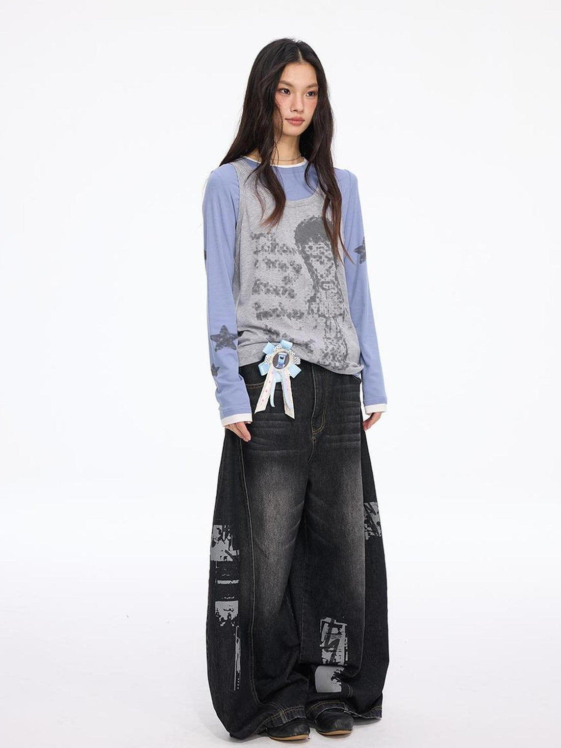 MOMSYCAN FOX LINE Autumn Star Girl Printed Layered Sleeveless Top Tencel Knit Two Piece Set