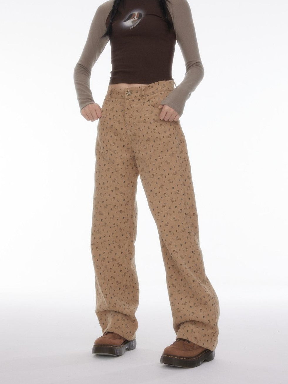 BETWEENAND Allover Dachshund Print Pockets Straight Leg Women&