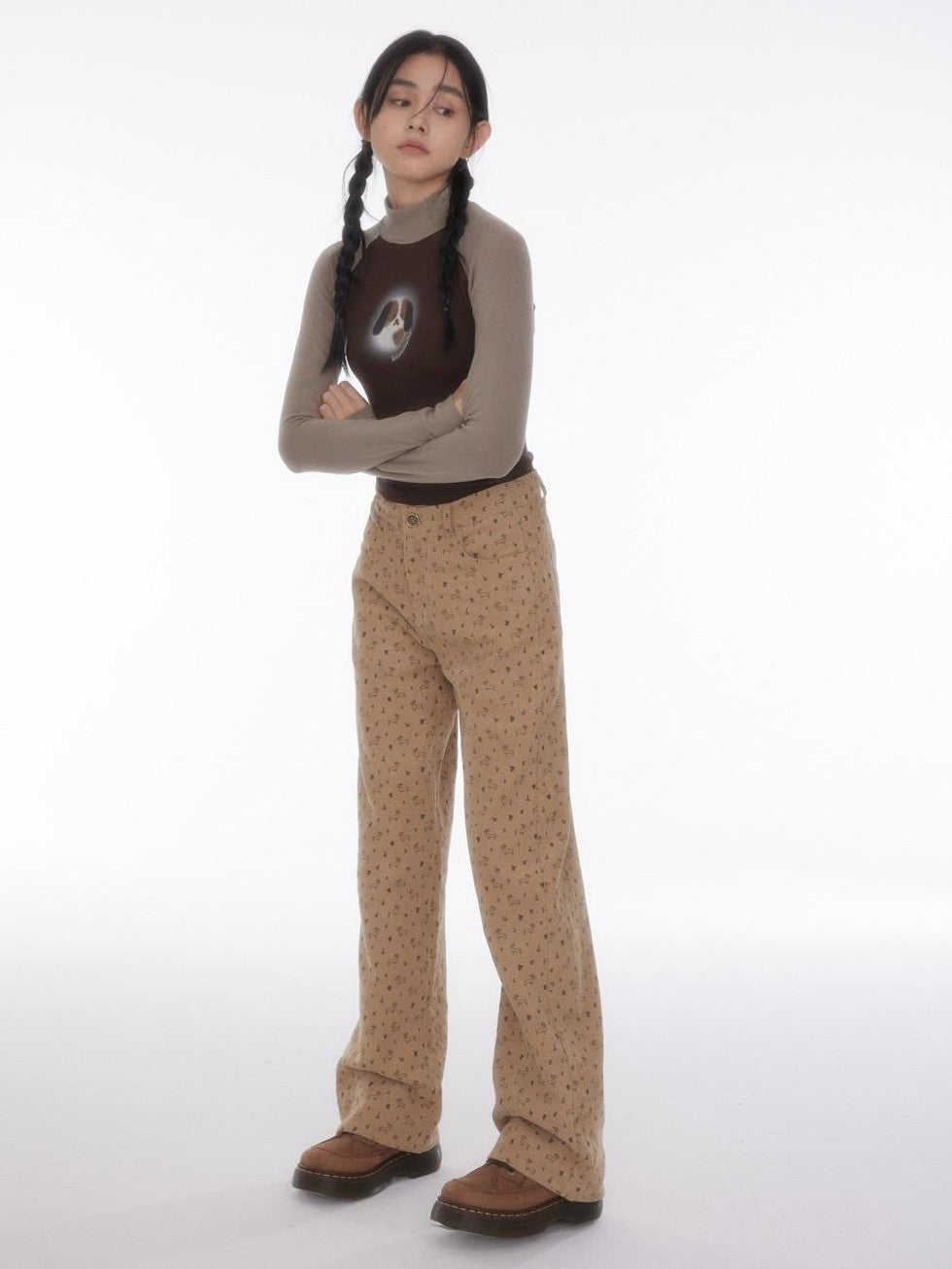 BETWEENAND Allover Dachshund Print Pockets Straight Leg Women&