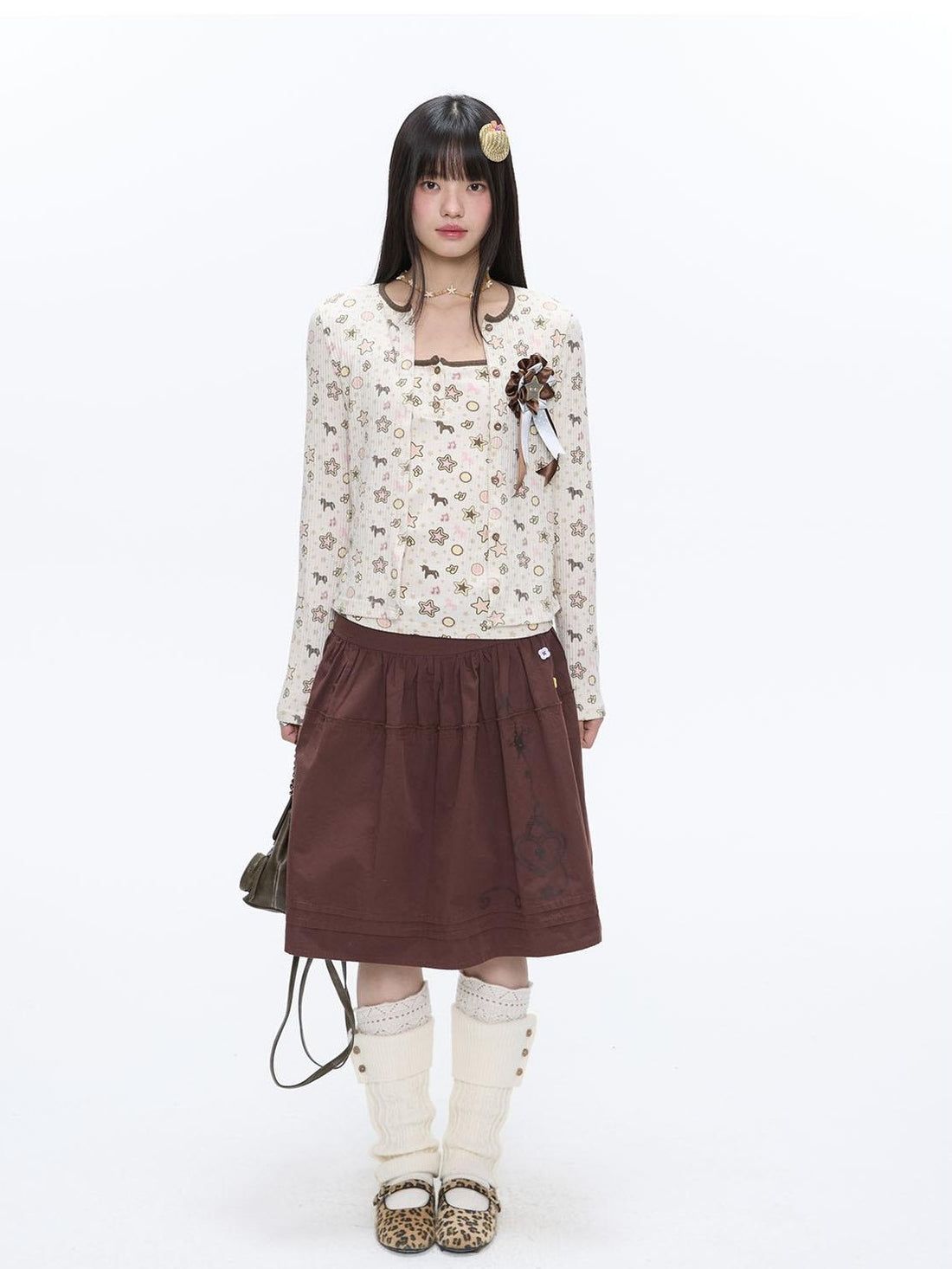 BETWEENAND Allover Pony Star Polka Dot Button Front Women&