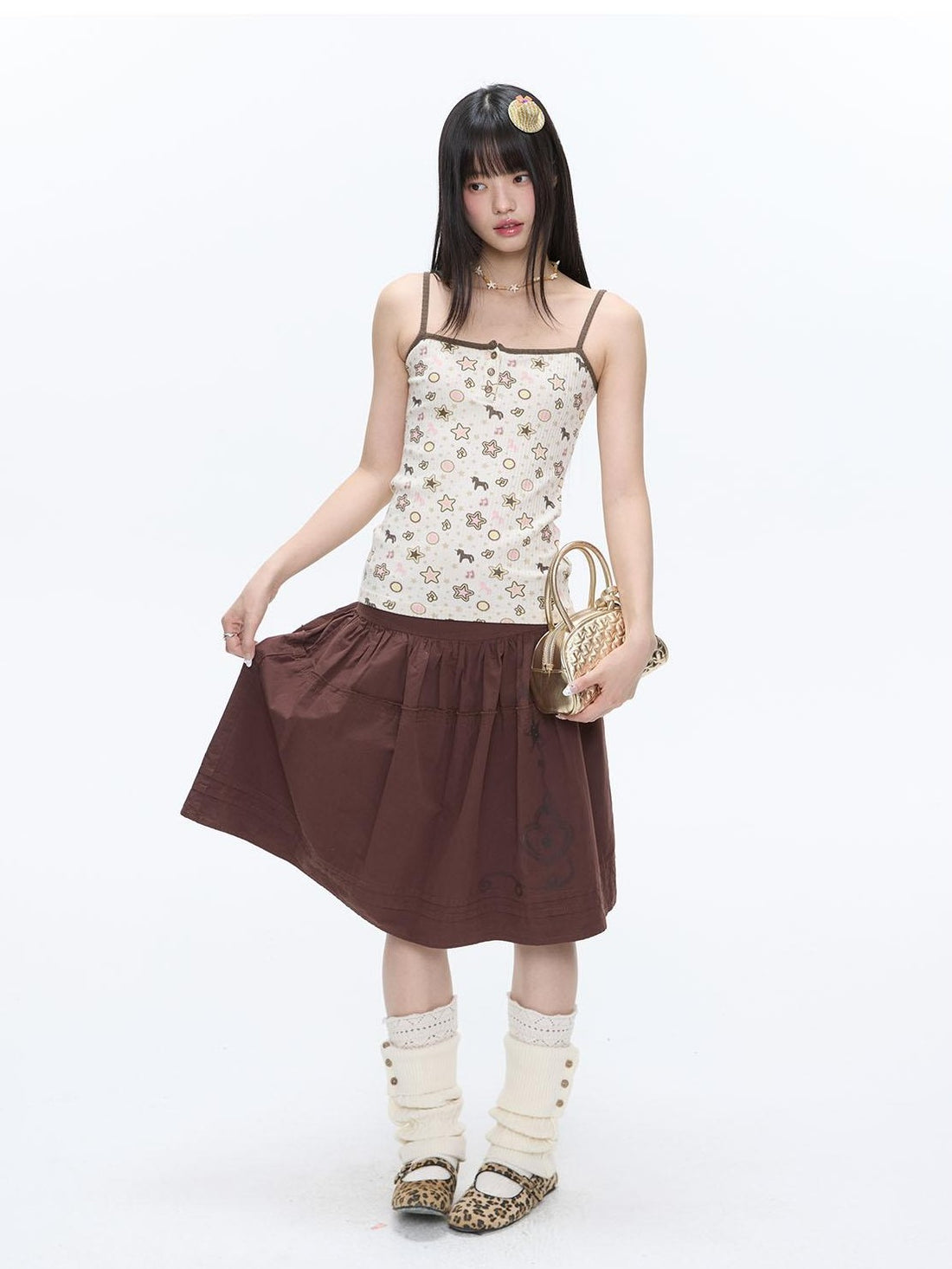 BETWEENAND Allover Pony Star Polka Dot Button Front Women&