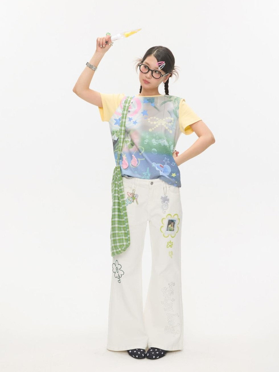 BETWEENAND Allover Print Colorblock Shoulder Detail Women&