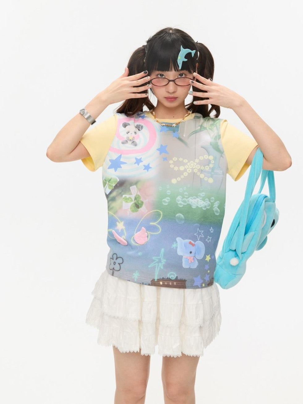 BETWEENAND Allover Print Colorblock Shoulder Detail Women&