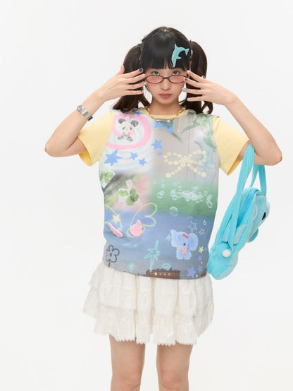 BETWEENAND Allover Print Colorblock Shoulder Detail Women&