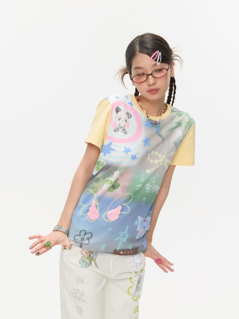 BETWEENAND Allover Print Colorblock Shoulder Detail Women&