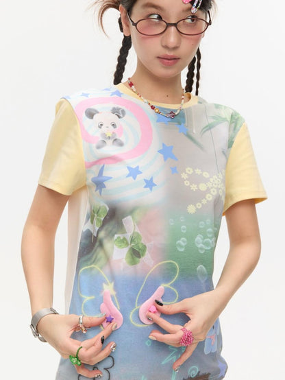 BETWEENAND Allover Print Colorblock Shoulder Detail Women&