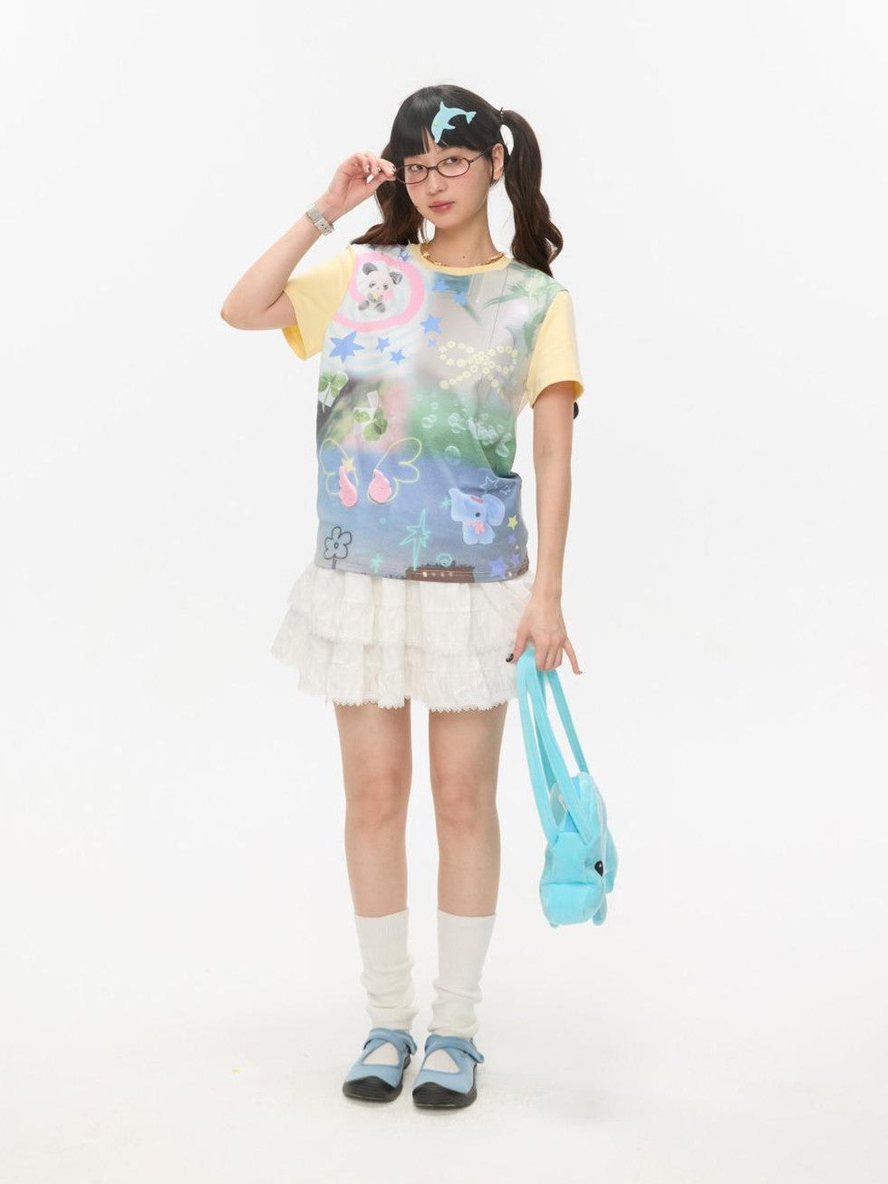 BETWEENAND Allover Print Colorblock Shoulder Detail Women&