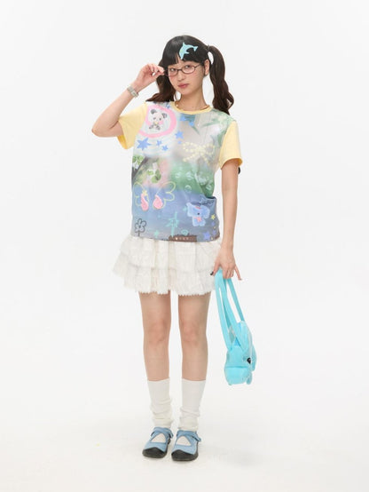 BETWEENAND Allover Print Colorblock Shoulder Detail Women&