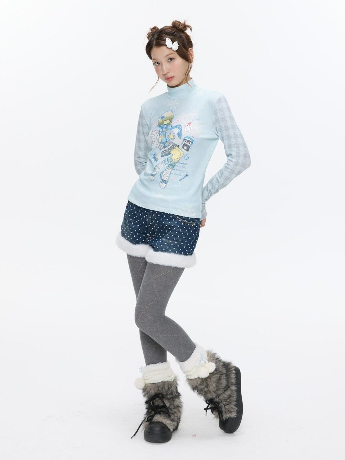 BETWEENAND Allover Print Mock Neck Brushed Women&