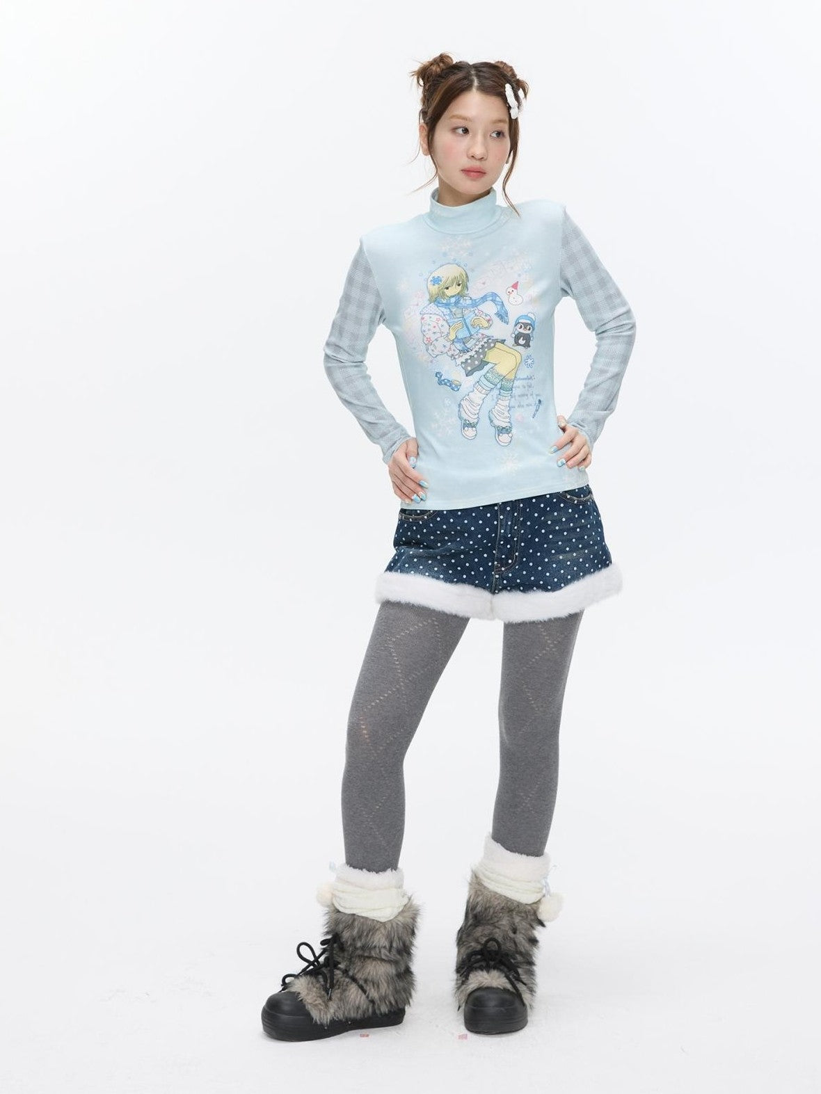 BETWEENAND Allover Print Mock Neck Brushed Women&