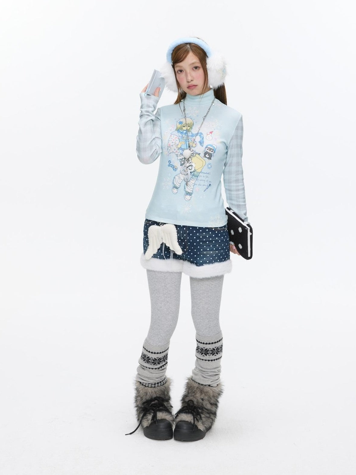 BETWEENAND Allover Print Mock Neck Brushed Women&