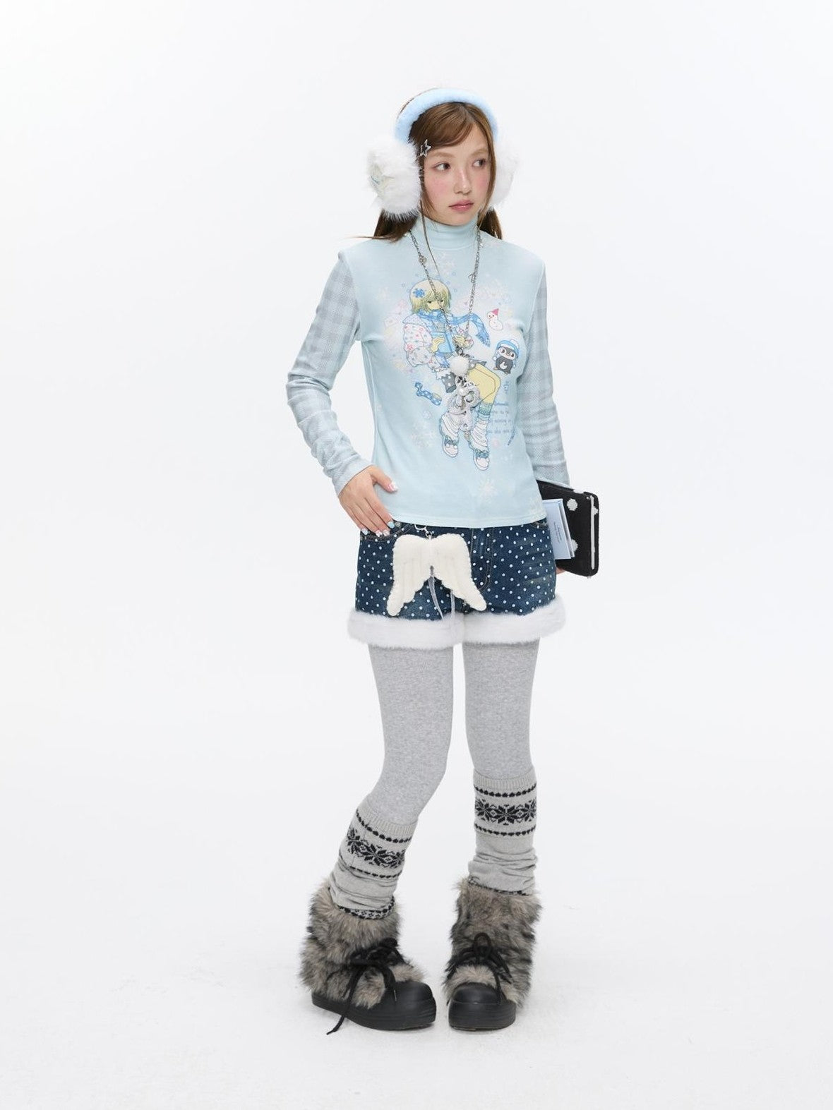 BETWEENAND Allover Print Mock Neck Brushed Women&