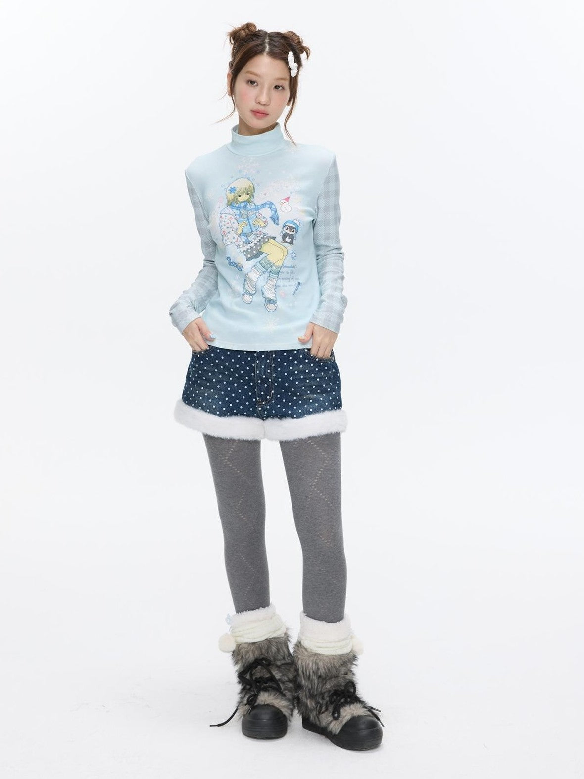 BETWEENAND Allover Print Mock Neck Brushed Women&