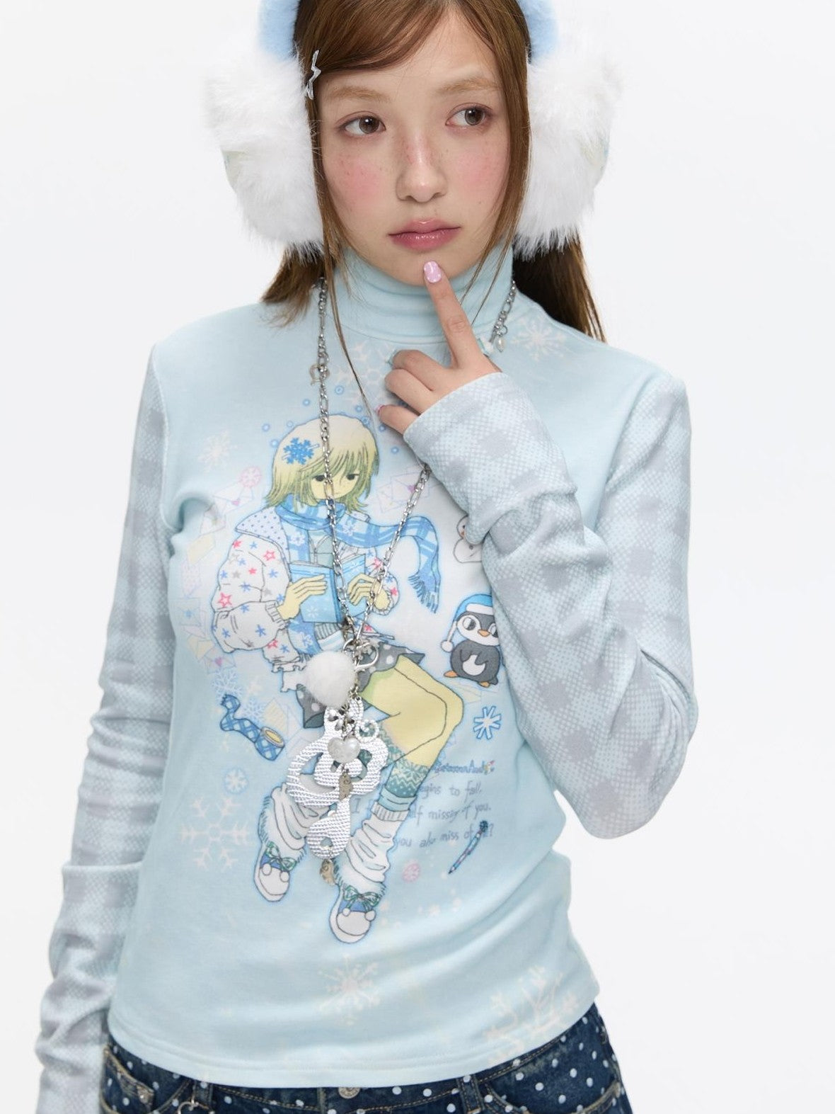 BETWEENAND Allover Print Mock Neck Brushed Women&