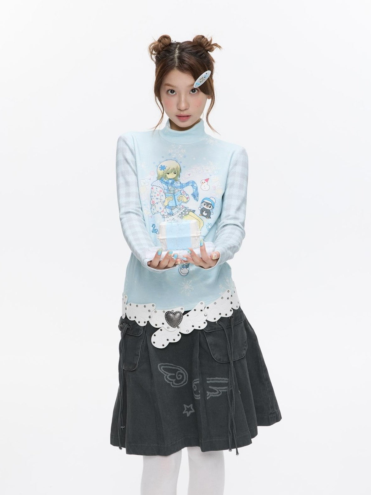 BETWEENAND Allover Print Mock Neck Brushed Women&