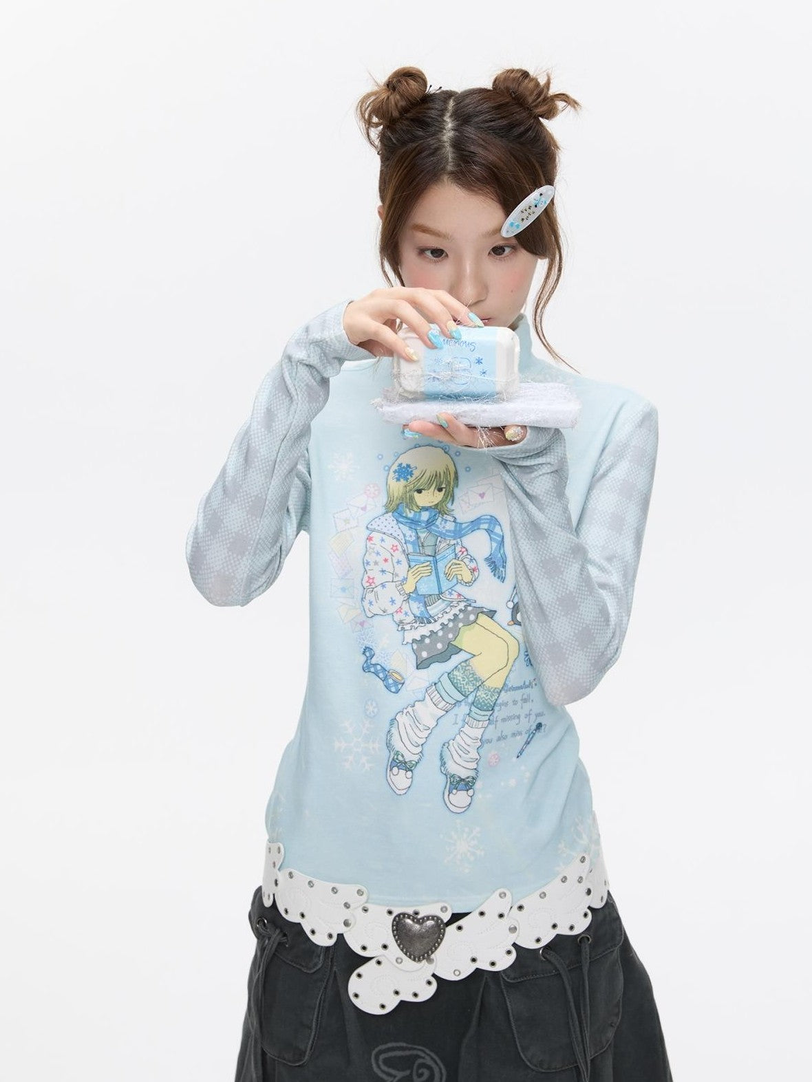 BETWEENAND Allover Print Mock Neck Brushed Women&