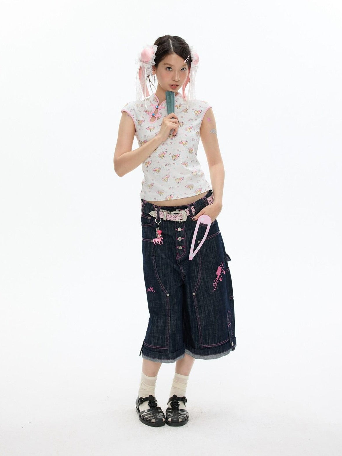 BETWEENAND Allover Print Qipao Short Sleeve Women&
