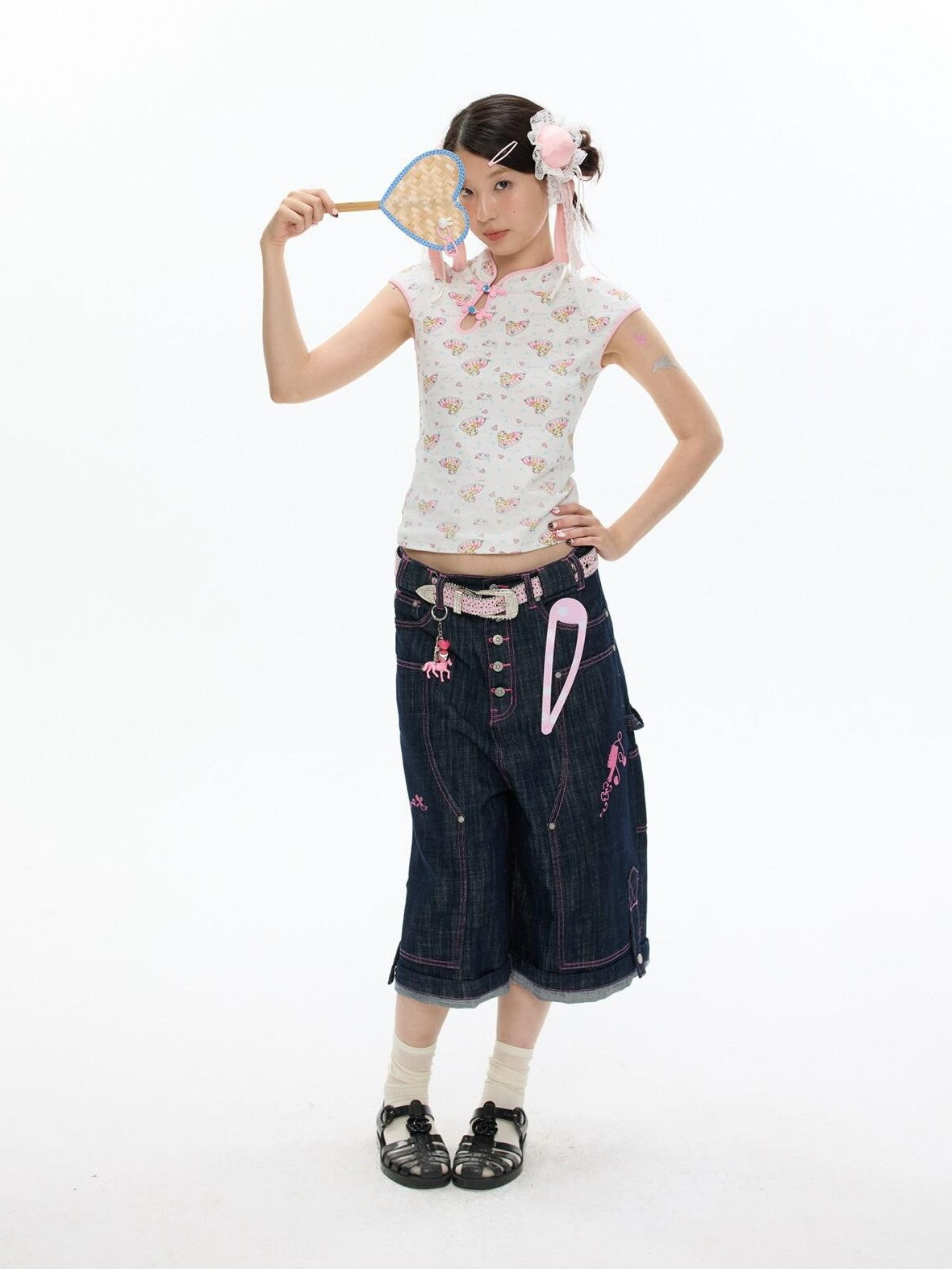 BETWEENAND Allover Print Qipao Short Sleeve Women&