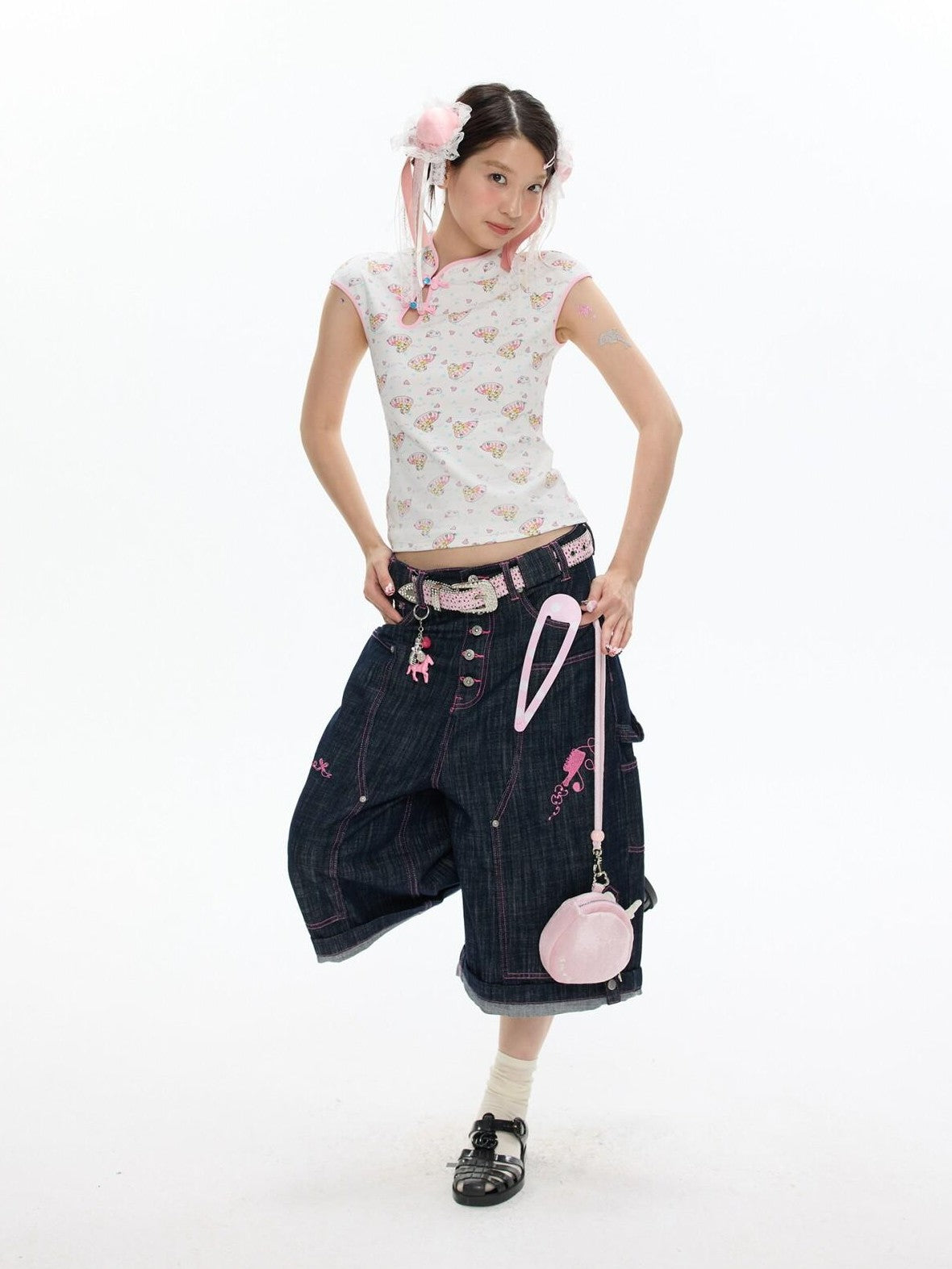BETWEENAND Allover Print Qipao Short Sleeve Women&